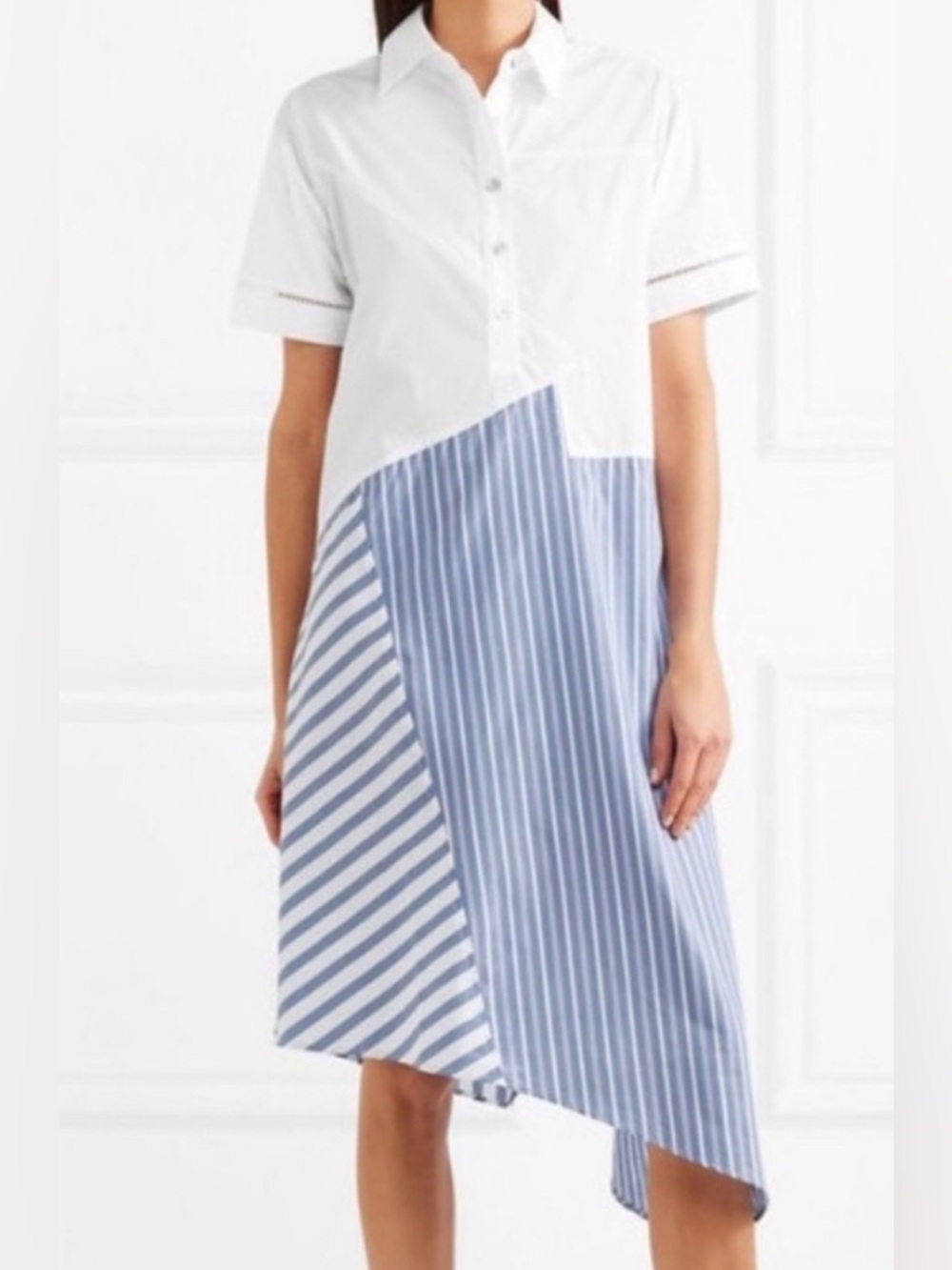 Asymmetrical Shirt Dress in White and Light Blue Stripes